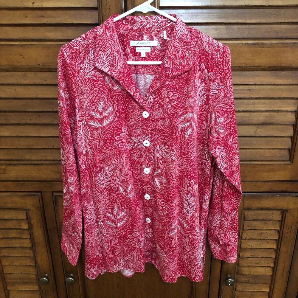 Foxcroft Red and White Button Up Shirt with Notched Collar - 🔺Size 12🔻